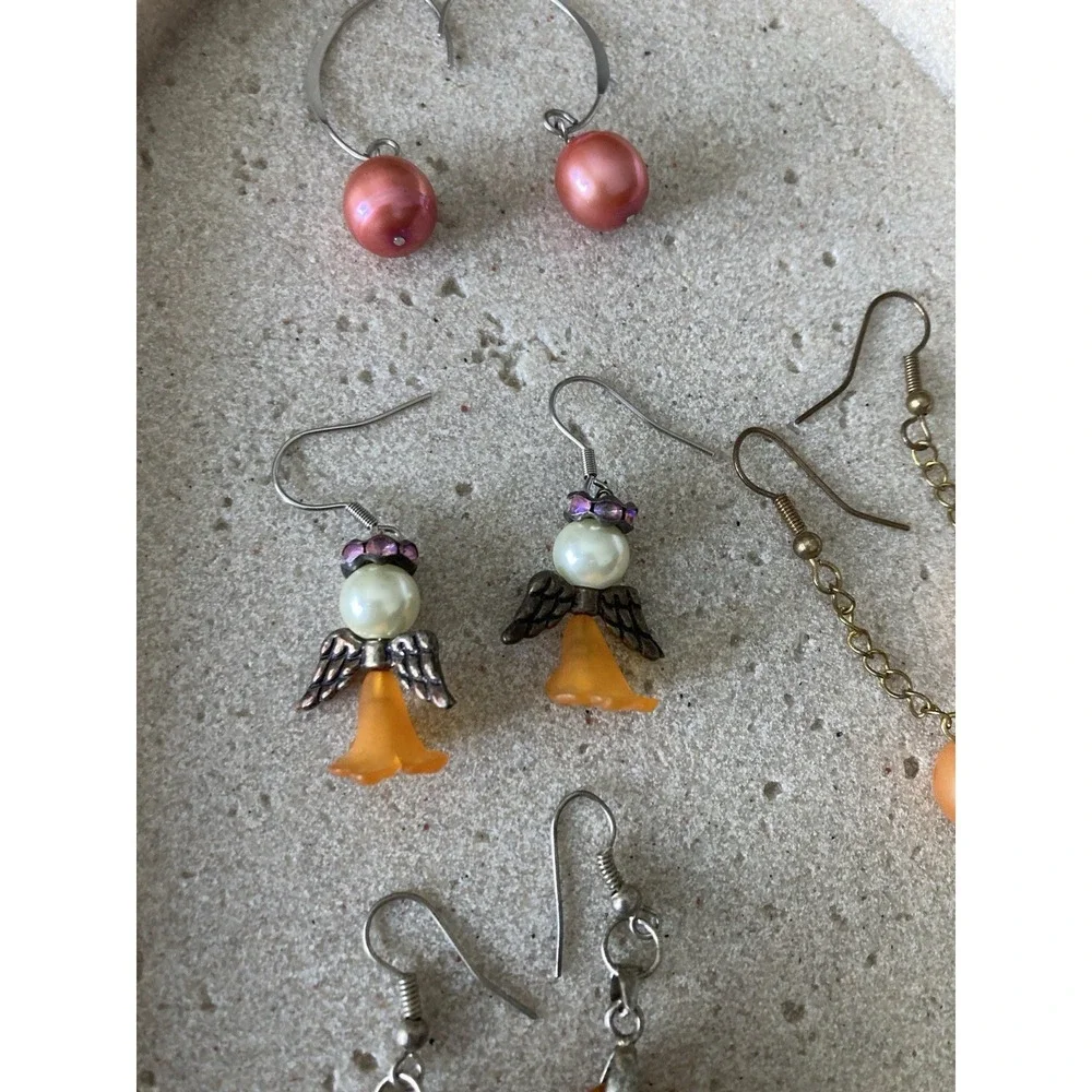 Dangle Earrings Set Of 4 Faux Pearl Angel Artsy Orange Bead Boho Artisan‎ Pink